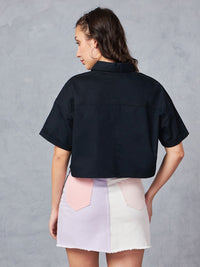 Bewakoof Black Drop-Shoulder Sleeves Cotton Oversized Crop Casual Shirt
