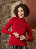 SASSAFRAS Red Ribbed High Neck Nylon Pullover Sweater
