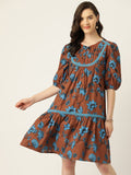 Antheaa Floral Print Puff Sleeve Cotton A-Line Dress