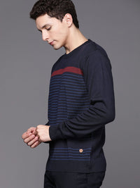 Raymond Men Navy Blue & Maroon Striped Pullover