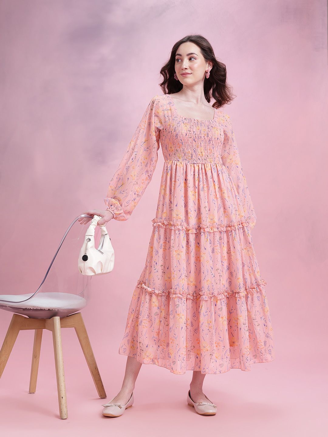 DressBerry Floral Print Tiered A-Line Midi Dress