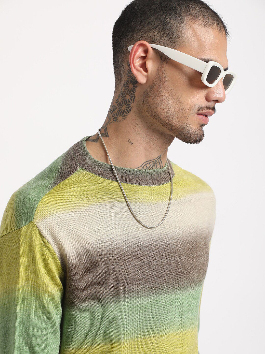 THE BEAR HOUSE Striped Drop-Shoulder Sleeves Acrylic Pullover Sweatshirt