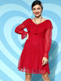 Athena Red Self Design Dobby Net A-Line Dress