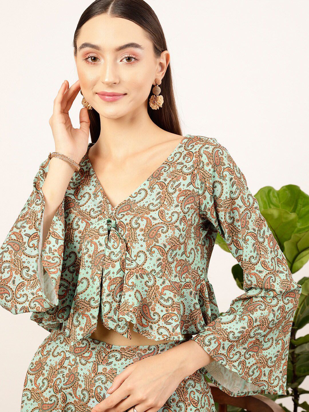 STREET 9 Green Floral Printed V-Neck Top & Palazzos
