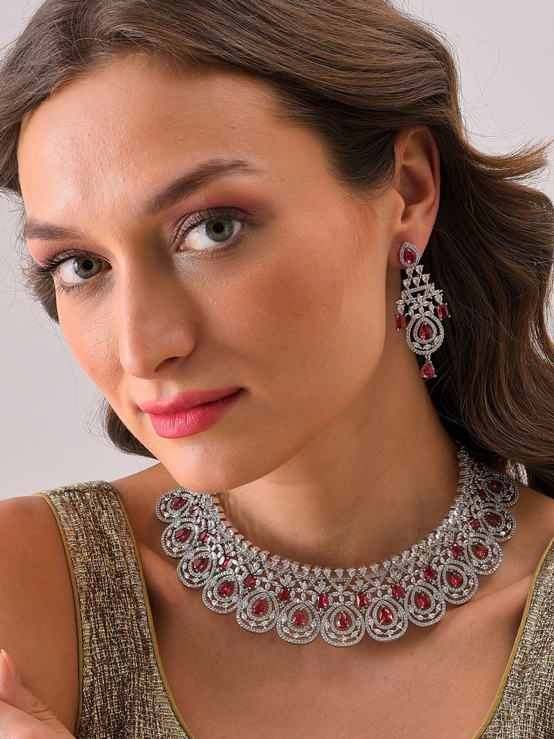 SOHI Women Silver-Plated Pink Stone Studded Jewellery Set