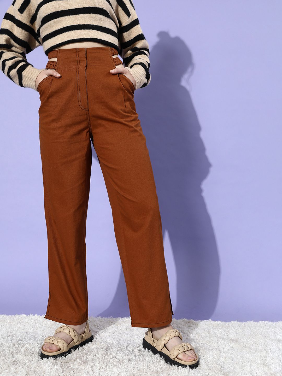 STREET 9 Women Chic Rust Solid High-Rise Trousers
