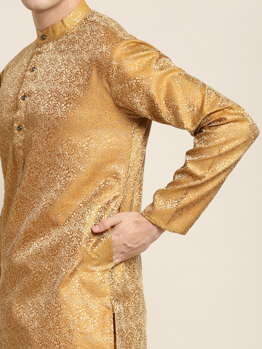 SOJANYA Men Mustard Yellow & Golden Ethnic Motifs Kurta