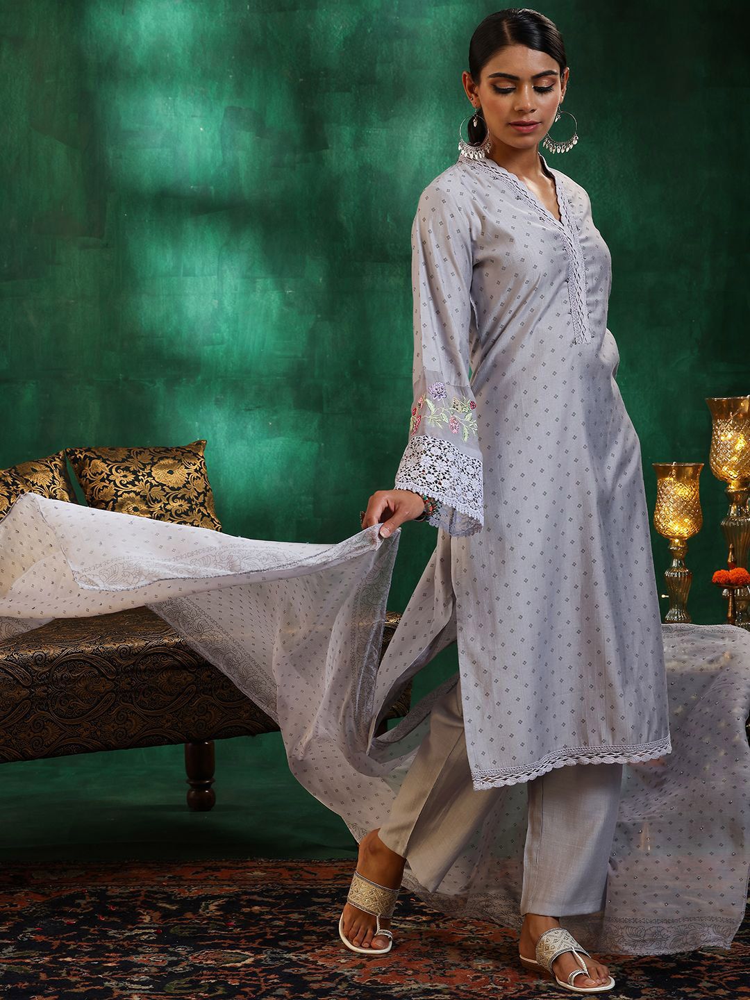 Libas Floral Printed Beads and Stones Straight Kurta with Trousers & With Dupatta
