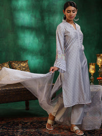 Libas Floral Printed Beads and Stones Straight Kurta with Trousers & With Dupatta
