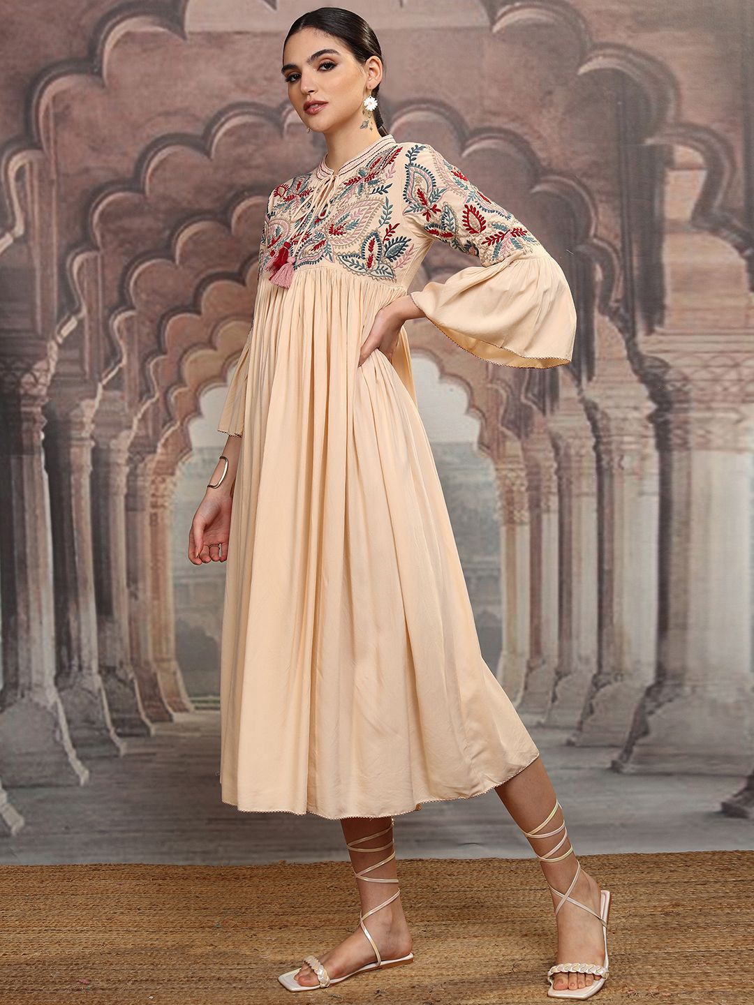 Vishudh Embroidered Tie-Up Neck Bell Sleeves Maxi Dress