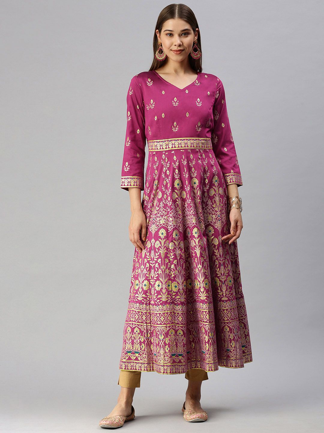 Global Desi Women Purple & Gold-Toned Floral Printed Anarkali Kurta