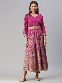Global Desi Women Purple & Gold-Toned Floral Printed Anarkali Kurta