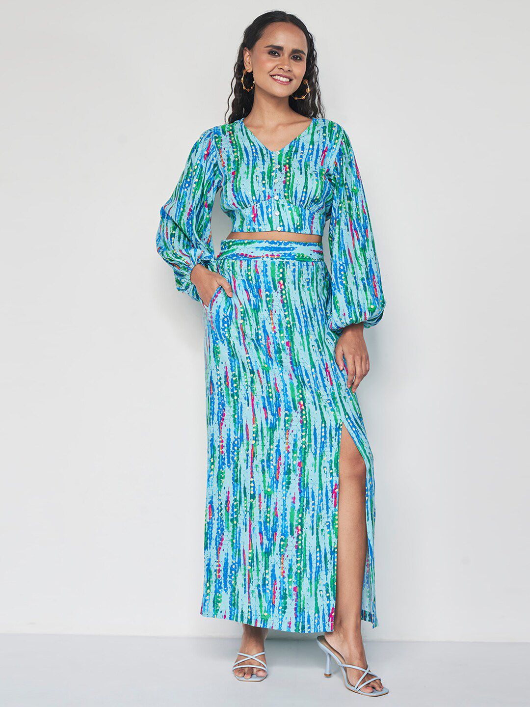 Global Desi Geometric Printed Crop Top With Maxi Skirt