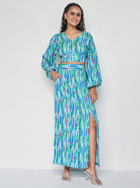 Global Desi Geometric Printed Crop Top With Maxi Skirt