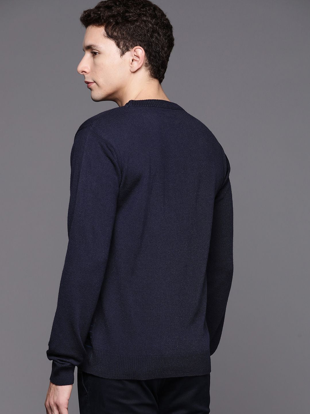 Raymond Men Navy Blue & Maroon Striped Pullover