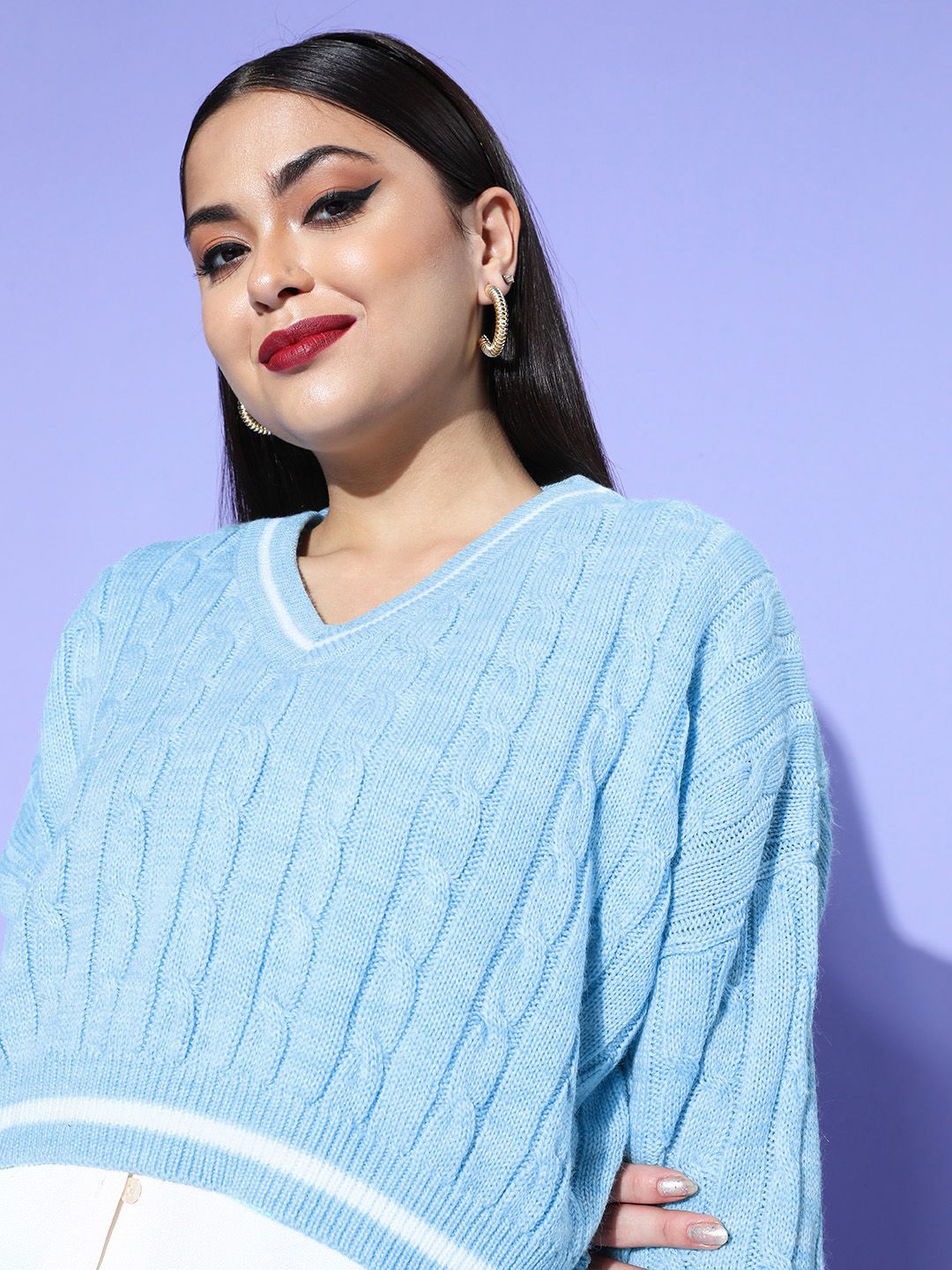 Berrylush Women Turquoise Blue Solid Knits Bits Sweater