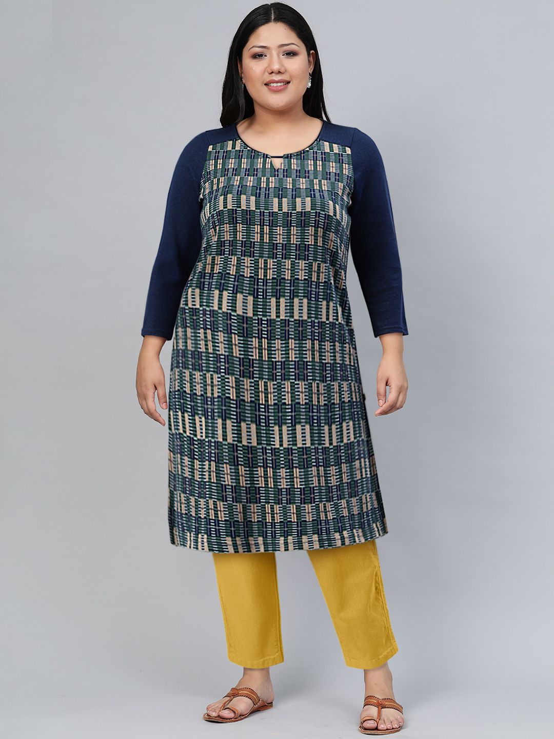 Aurelia Women Blue Geometric Print Cotton Blend Straight Kurta
