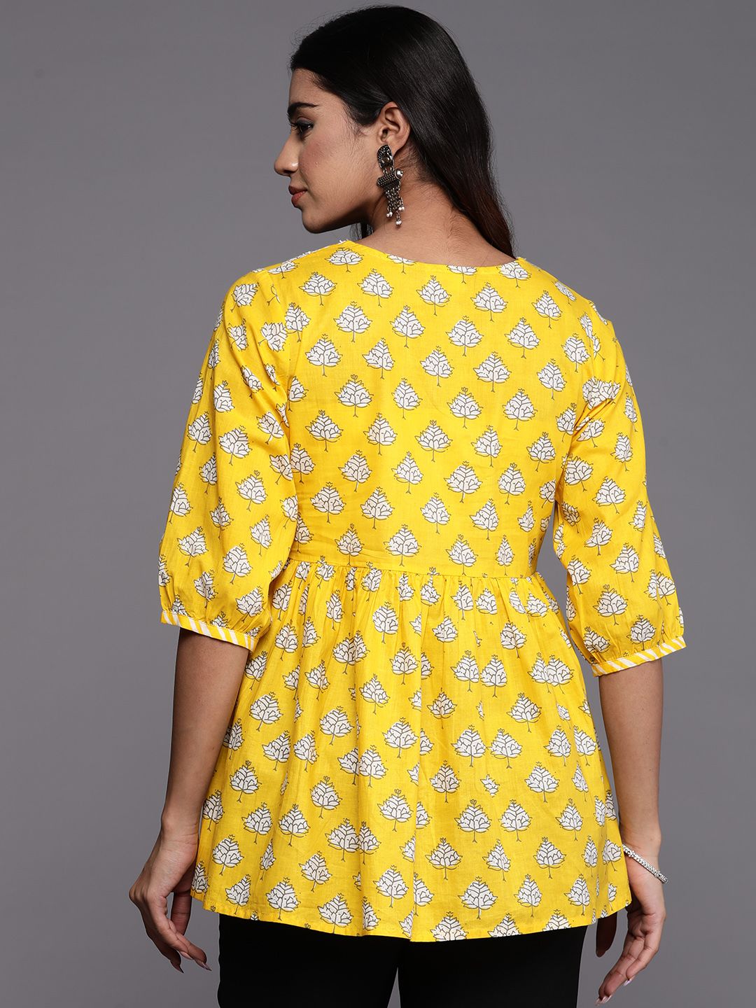 Libas Women Floral Printed Puff Sleeves Pure Cotton Empire Kurti