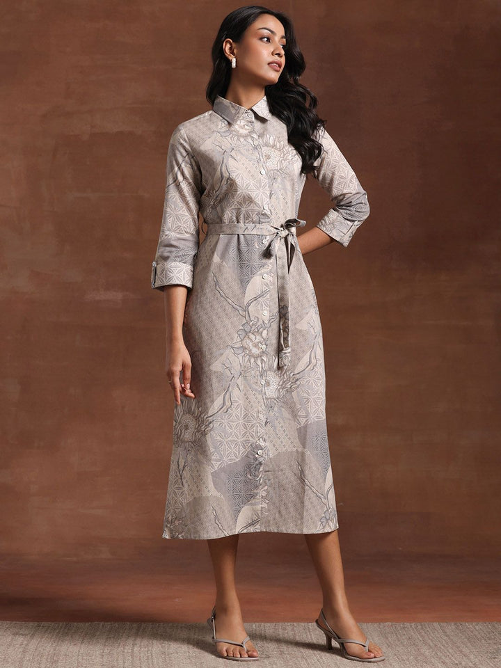 Libas Floral Printed Linen Shirt Collar A-Line Dress