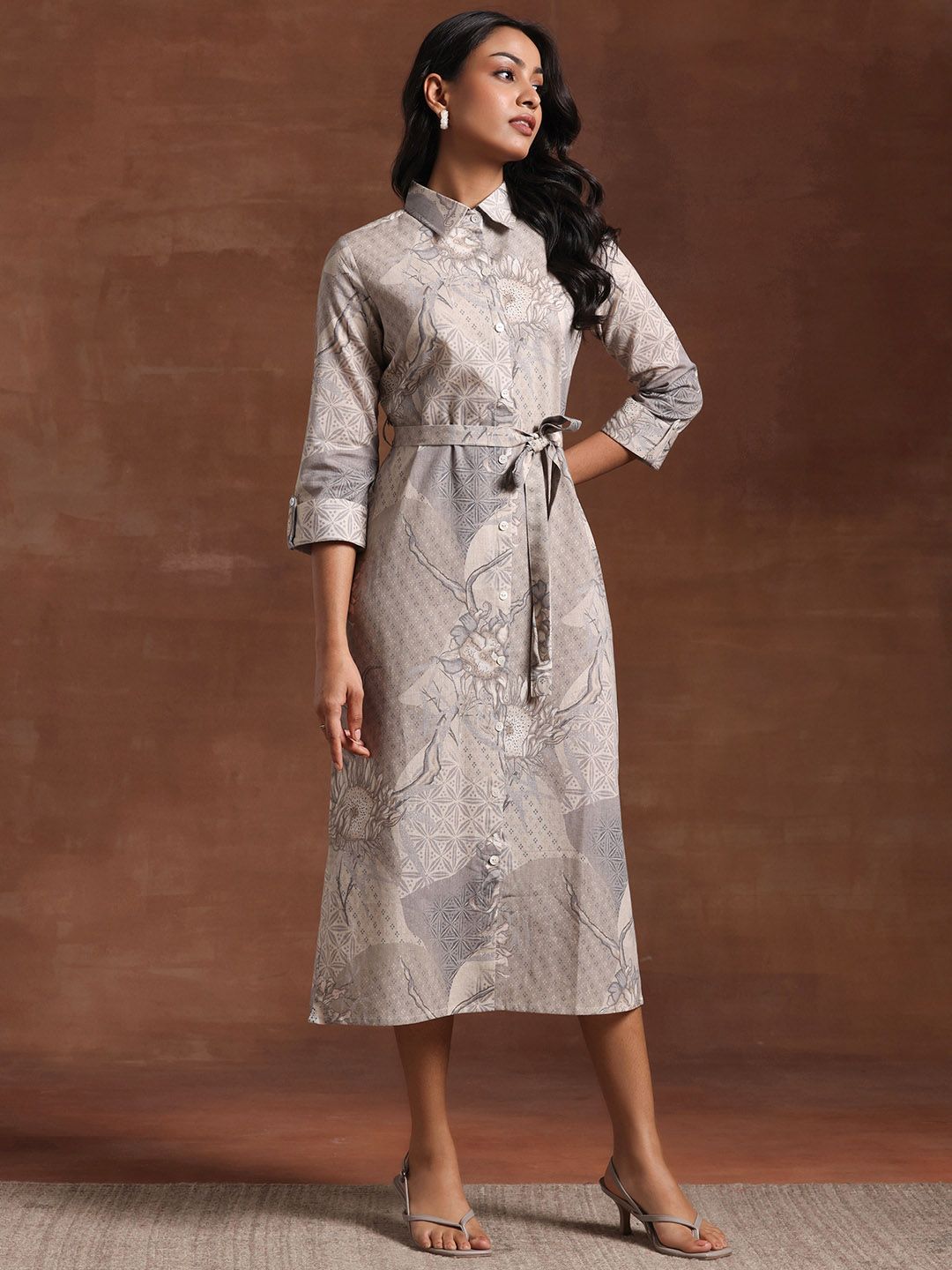 Libas Floral Printed Linen Shirt Collar A-Line Dress