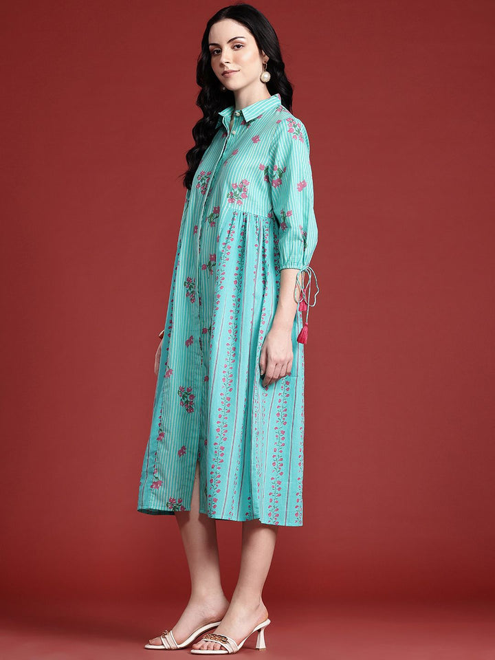 Anouk Floral Print Pleated Tasseled Shirt Collar Pure Cotton Ethnic Dress