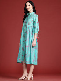 Anouk Floral Print Pleated Tasseled Shirt Collar Pure Cotton Ethnic Dress