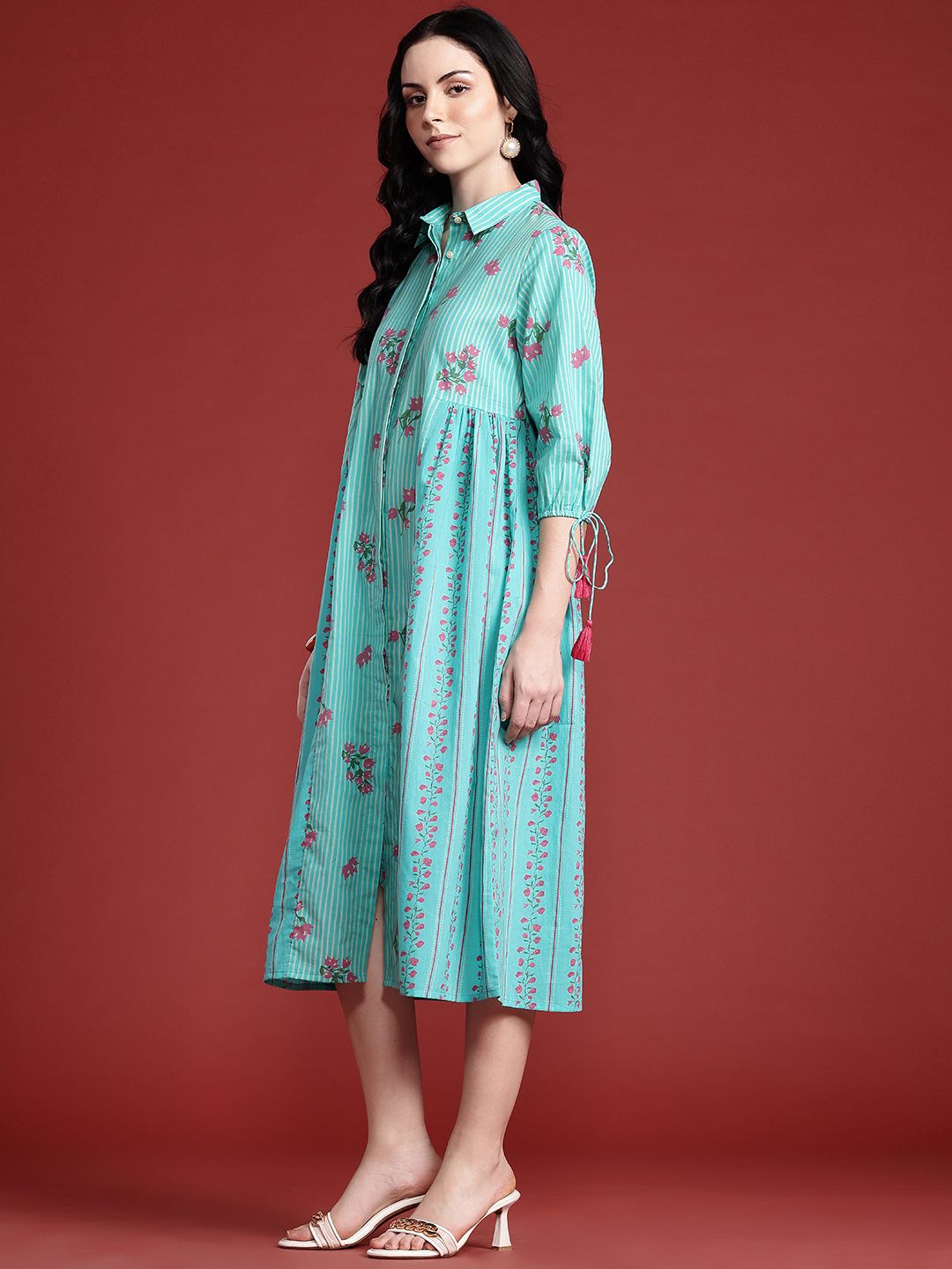 Anouk Floral Print Pleated Tasseled Shirt Collar Pure Cotton Ethnic Dress