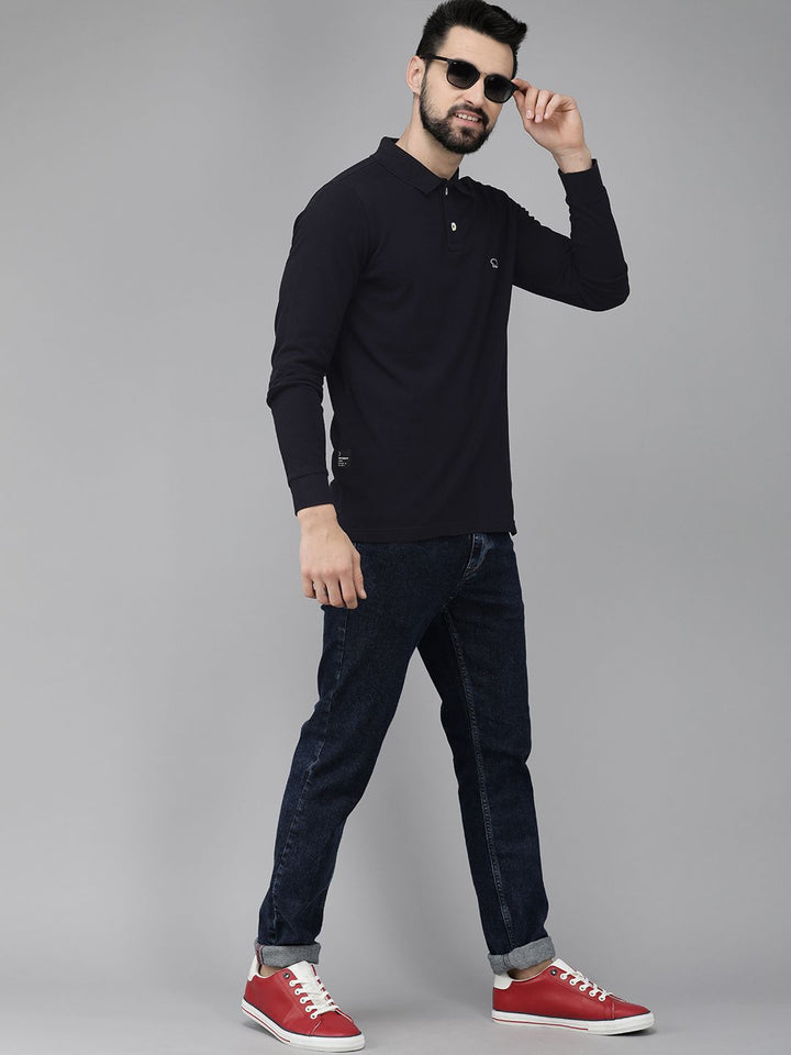 THE BEAR HOUSE Men Navy Blue Pure Cotton Solid Polo Collar Slim Fit T-shirt