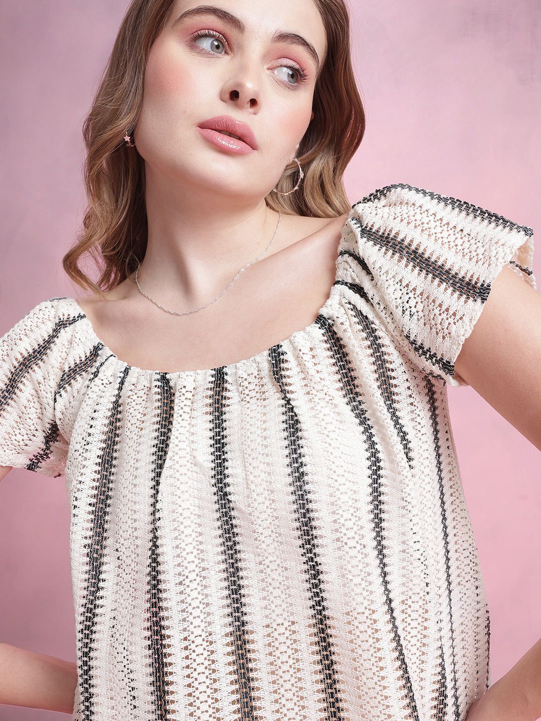 DressBerry Flutter Sleeve Crochet Boxy Top