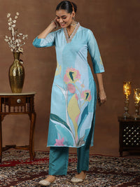 Libas Floral Printed Zari V-Neck Straight Kurta With Trouser & Dupatta