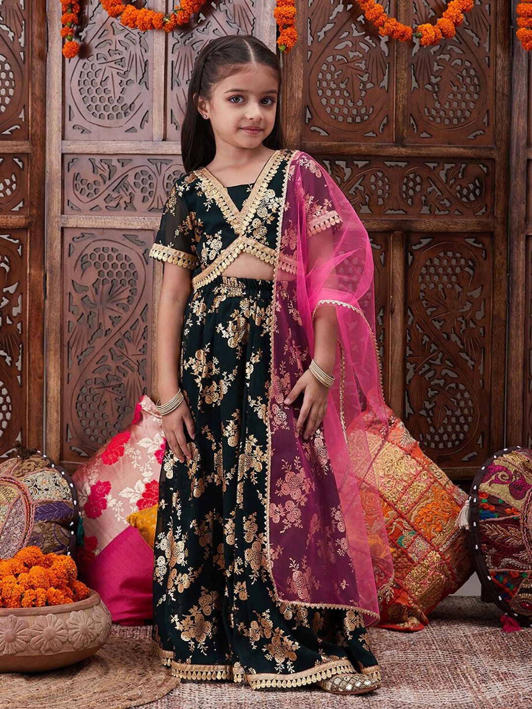 pspeaches Girls Foil Printed Ready to Wear Lehenga Choli With Dupatta