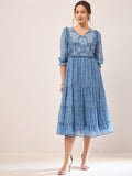 Antheaa Floral Printed Embroidered Puff Sleeve Chiffon Fit & Flare Tiered Midi Dress
