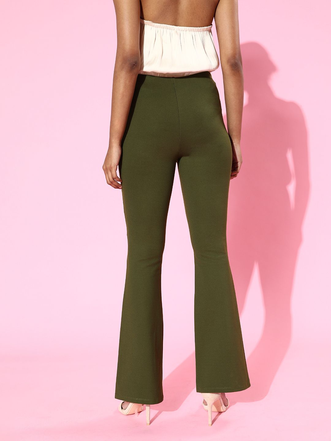 SASSAFRAS Women Olive Green High-Rise Graduated Flare Trousers