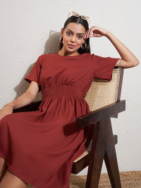 DENNISON Rust Crepe Fit & Flare Smocked Dress