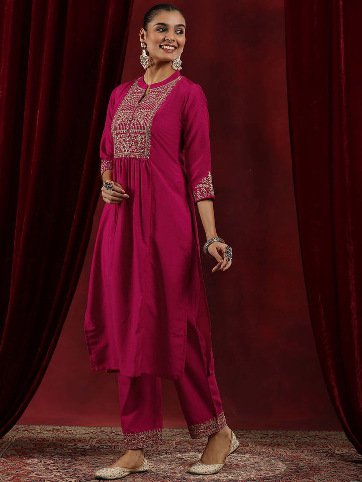 Libas Pink Floral Yoke Design Mandarin Collar Dobby Weave Kurta with Trousers & Dupatta