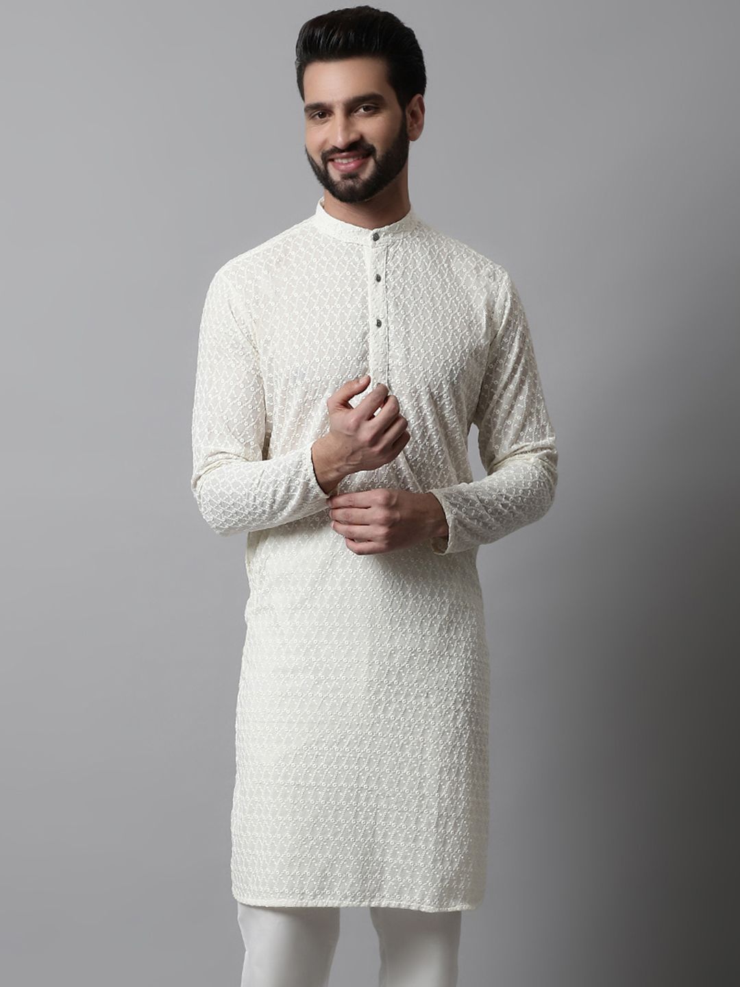 Jompers Men Cream-Coloured Woven Design Straight Kurta
