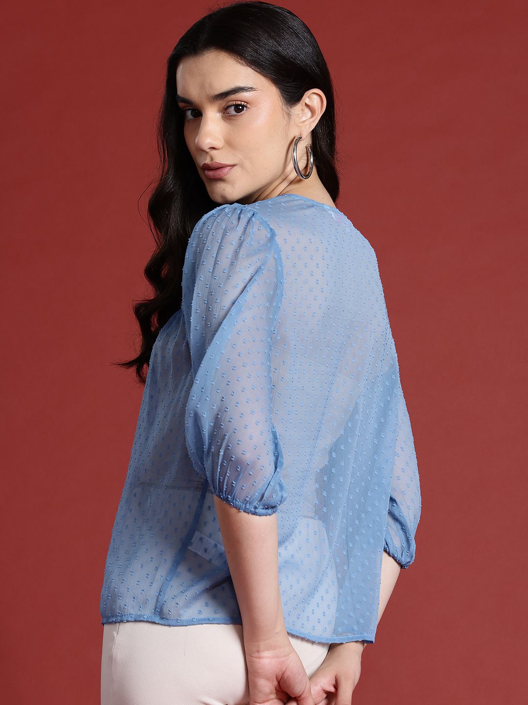 all about you Dobby Woven Tie-Up Neck Puff Sleeve Top