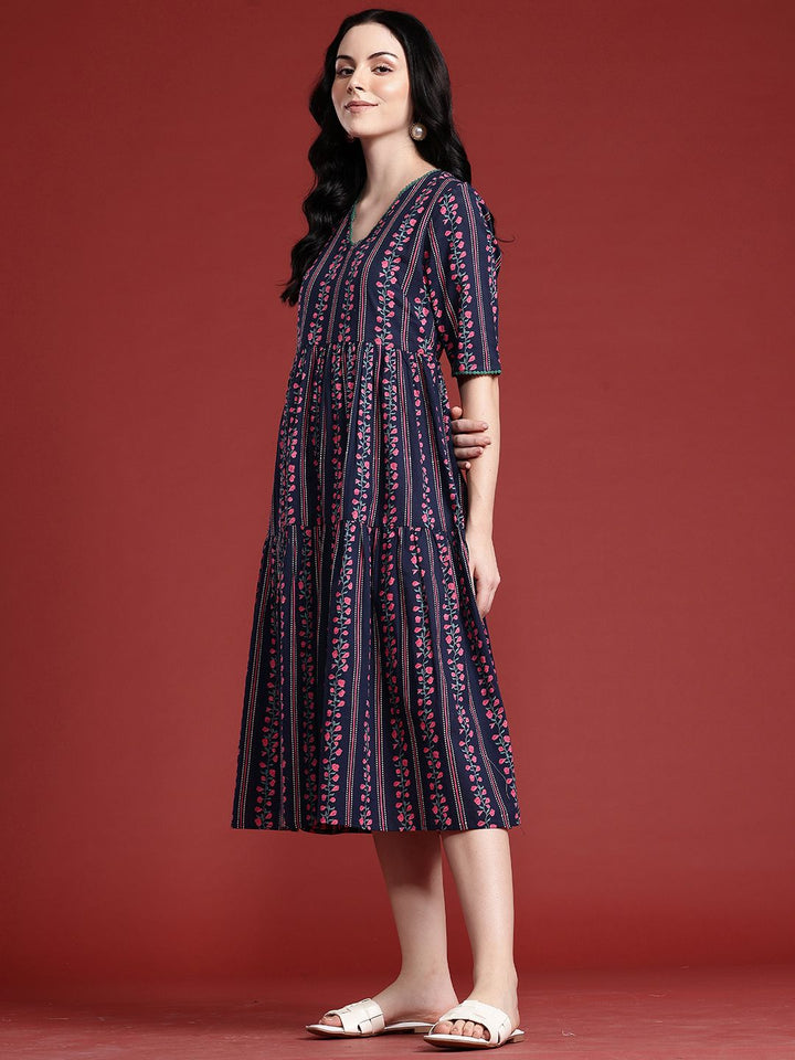 Anouk Floral Print Pleated Pure Cotton Tiered Ethnic Dress