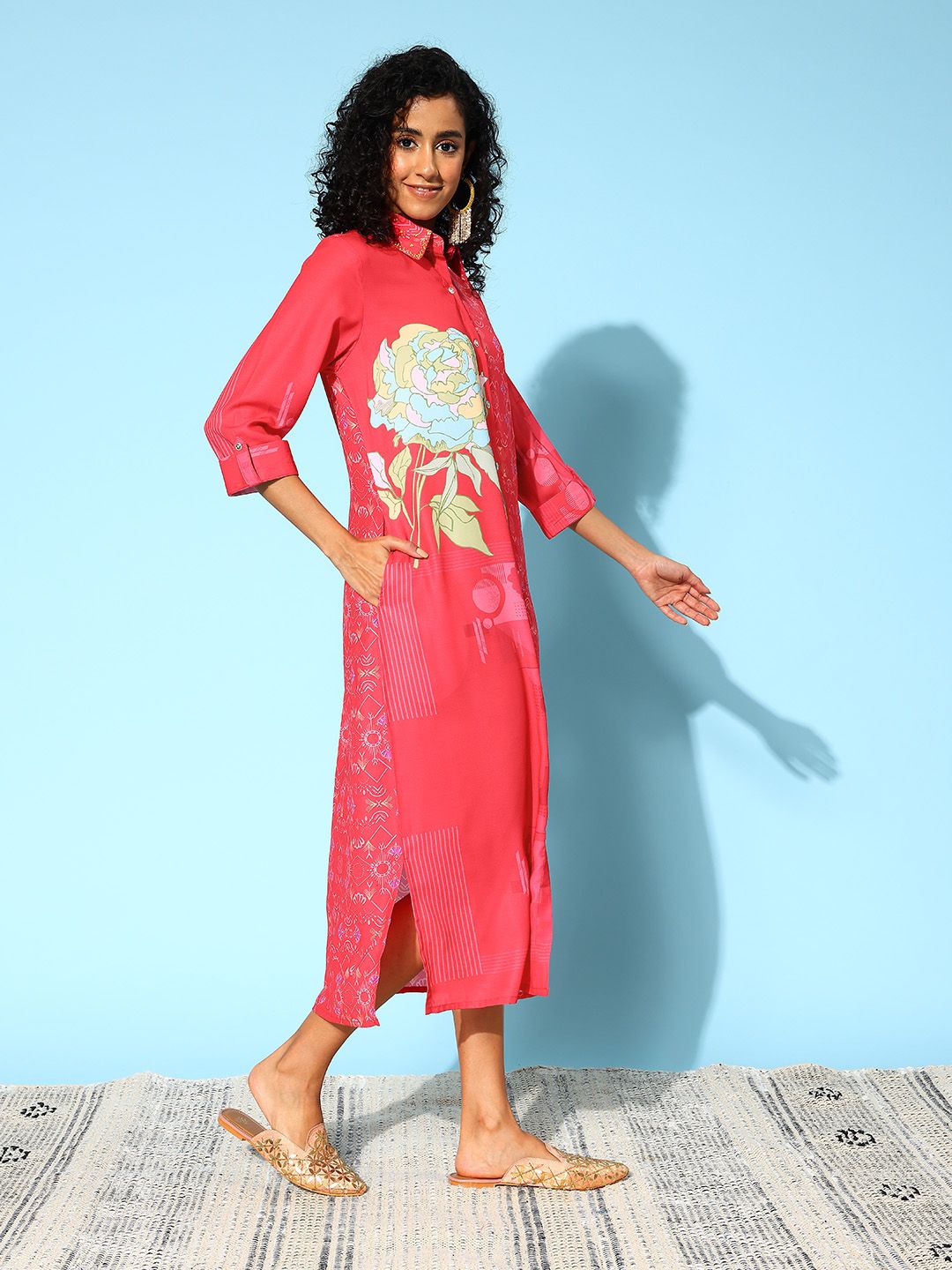 Indo Era Floral Print Shirt Midi Dress