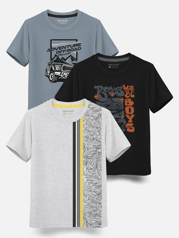 HELLCAT Boys Pack Of 3 Printed Cotton T-shirt