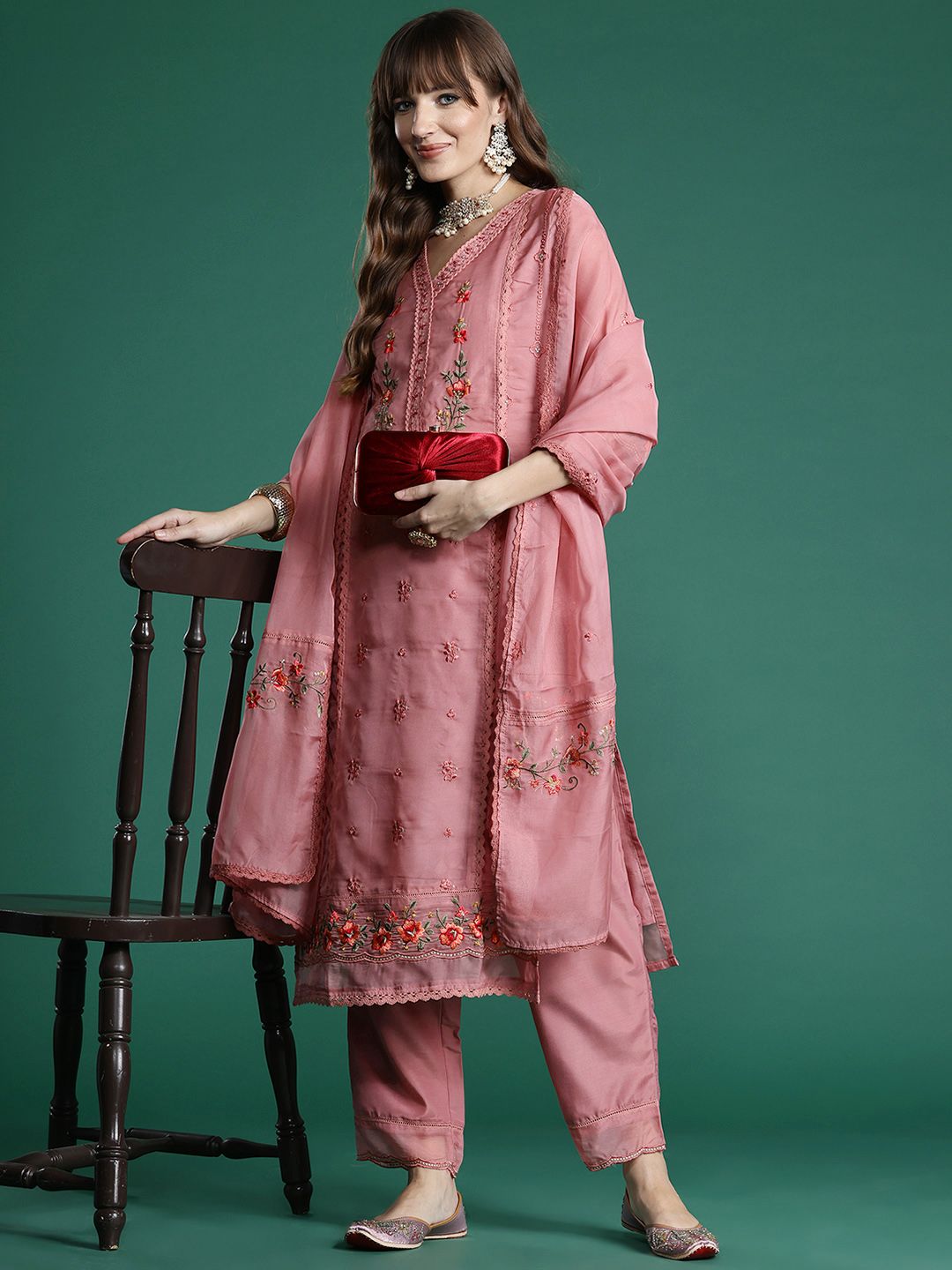 Indo Era Floral Embroidered Thread Work Kurta with Trousers & With Dupatta