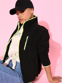 SASSAFRAS Women Stylish Black Solid Faux Fur Jacket