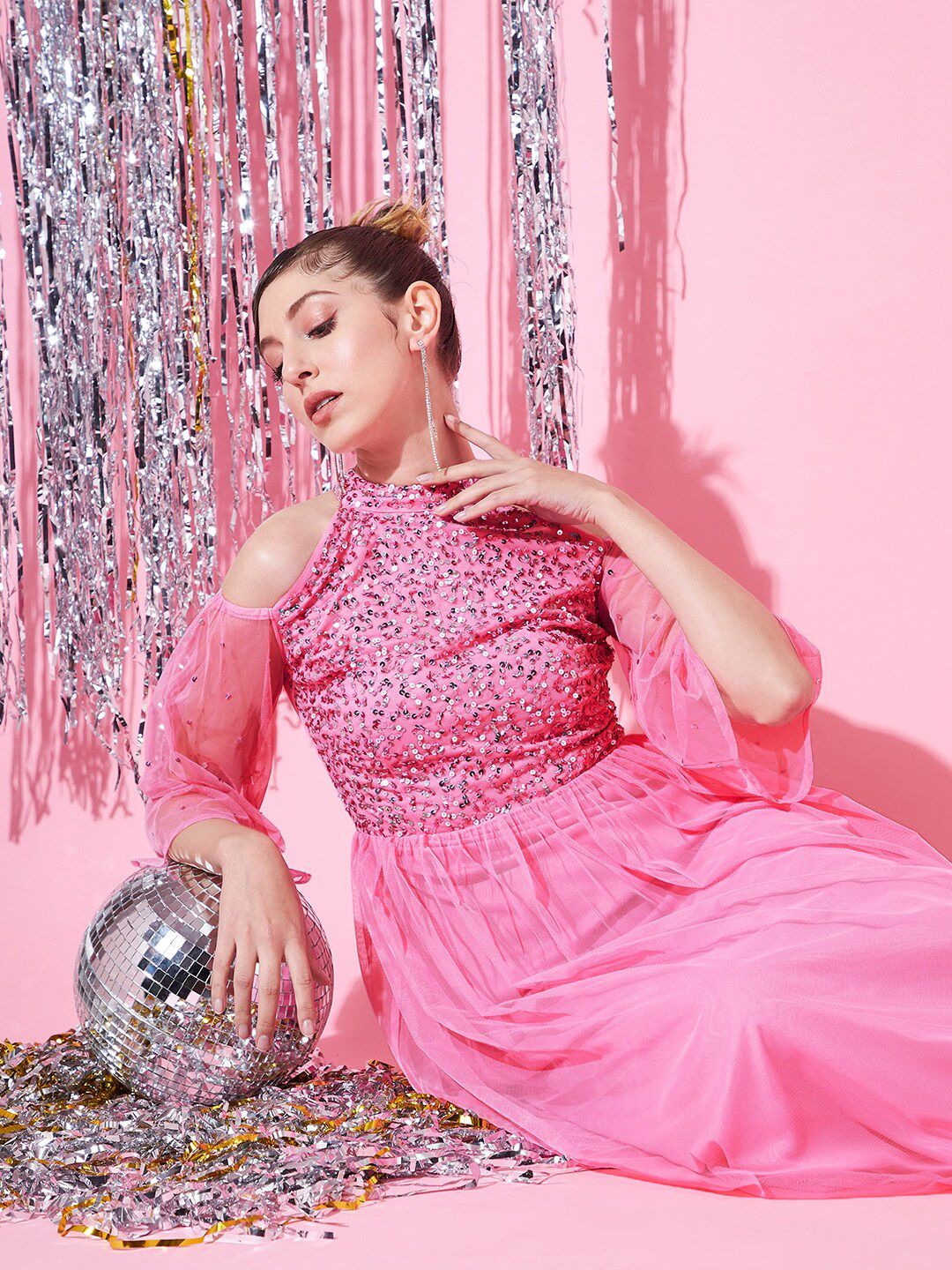 STREET 9 Women Floral Halter Neck Net Maxi Dress