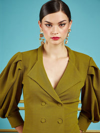 SASSAFRAS Olive Green Self Design V-Neck Puff Sleeves Self Design