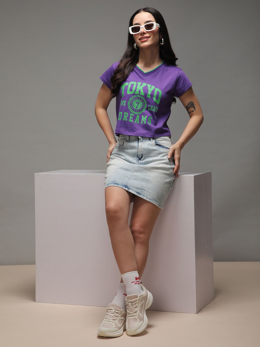 DILLINGER Women Regular Fit Cropped V-Neck Varsity Printed Tshirt