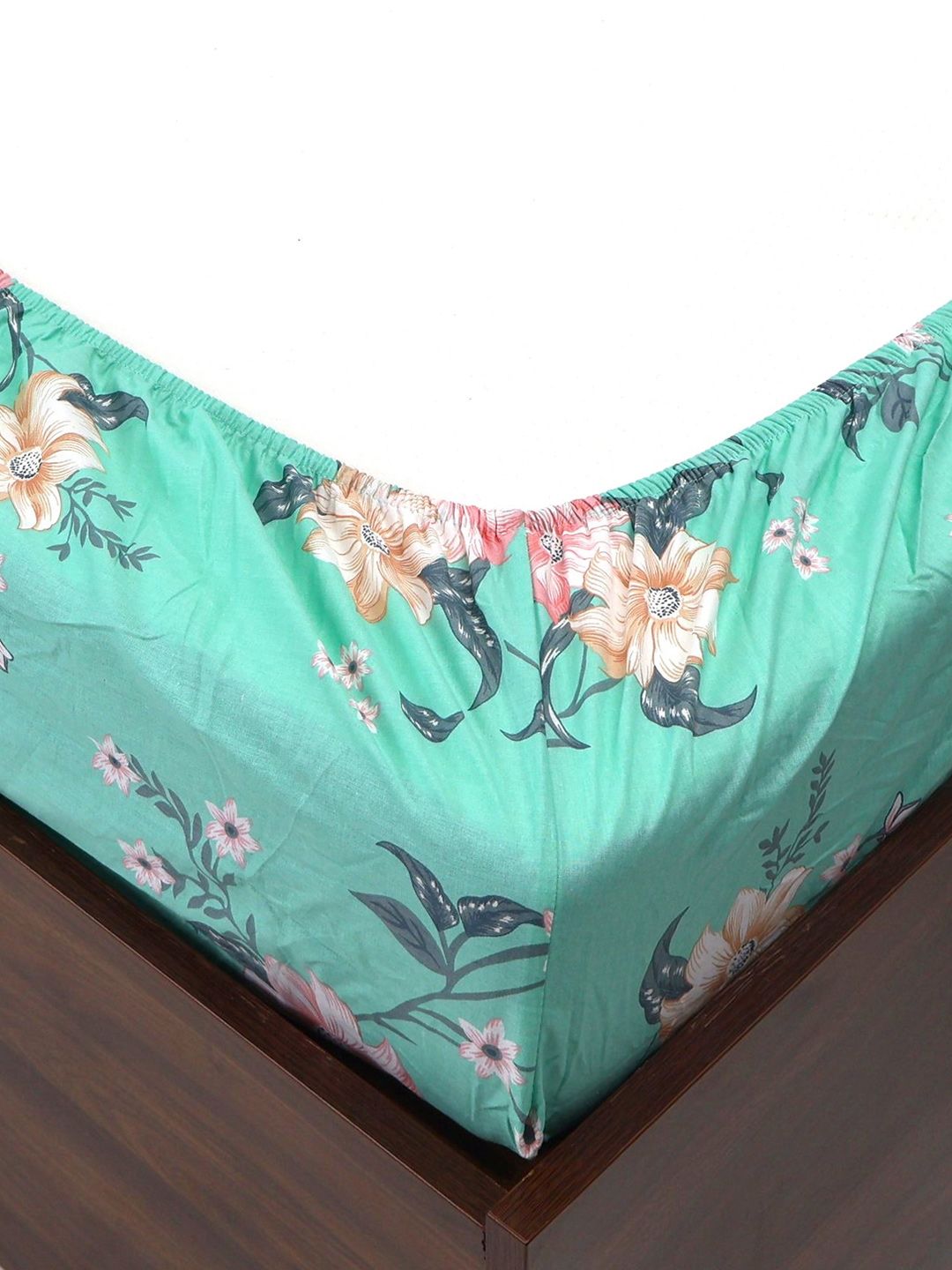 BOMBAY DYEING Allure Sea Green Floral Cotton 144TC Fitted Bedsheet Set-1.52mX1.98mX 30 cm