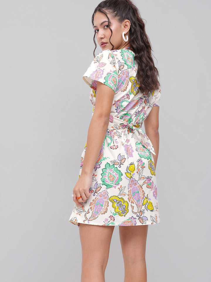 DressBerry Buta Motif Print Tie-Up Neck With Wrap Style Cut Out Detail A-Line Mini Dress