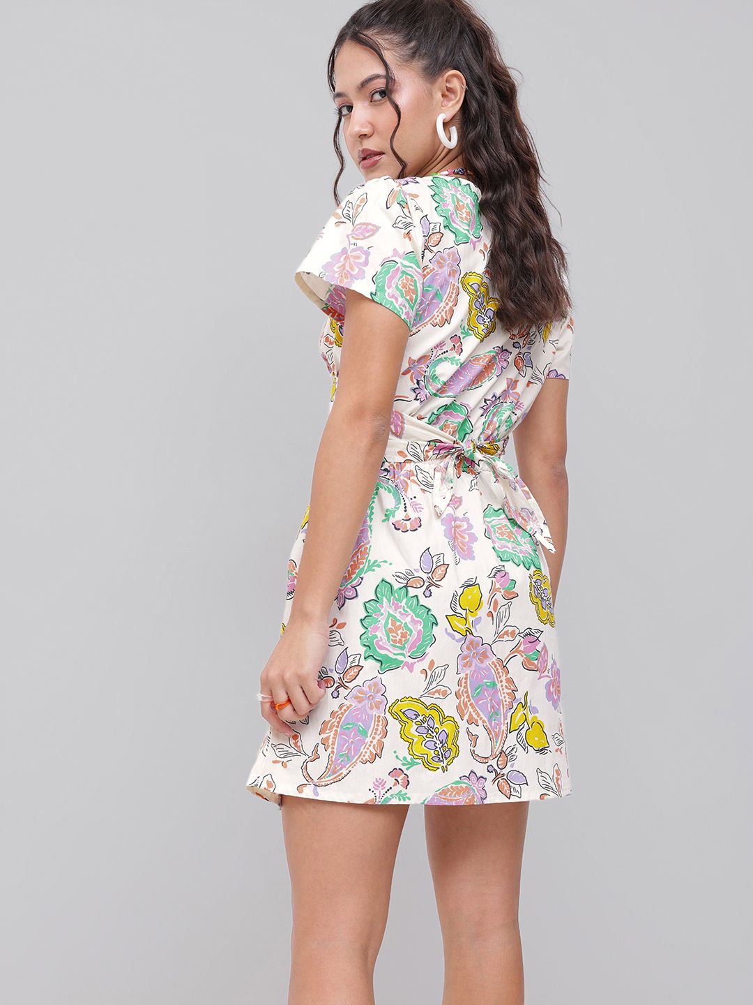 DressBerry Buta Motif Print Tie-Up Neck With Wrap Style Cut Out Detail A-Line Mini Dress