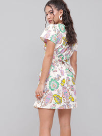 DressBerry Buta Motif Print Tie-Up Neck With Wrap Style Cut Out Detail A-Line Mini Dress