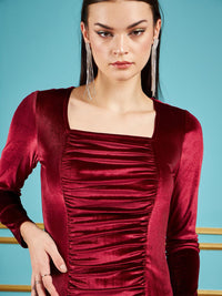 SASSAFRAS Maroon Square Neck Ruched Velvet Bodycon Mini Dress